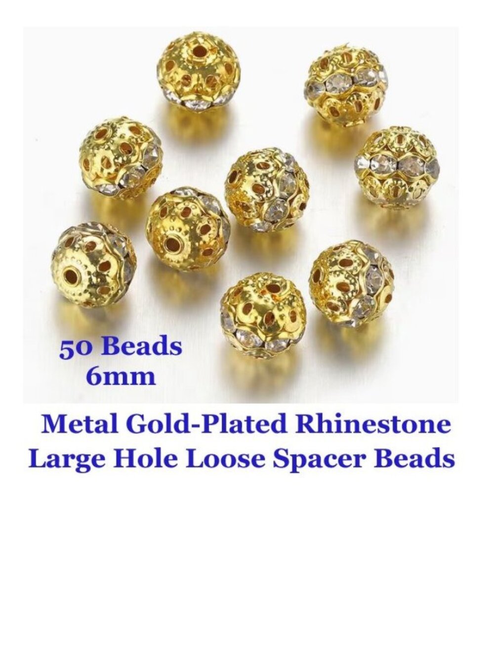 Metal Gold-Plated Rhinestone Large Hole Loose Spacer Bead  6mm  50 Beads
